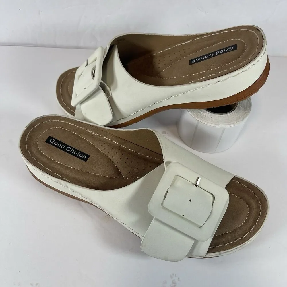 Good Choice Women’s White Buckle Slide Sandals – Size 8